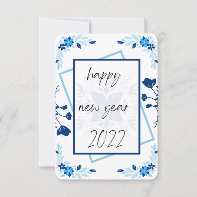 tarjeta floral de año nuevo , tarjeta azul de año  (Anverso)