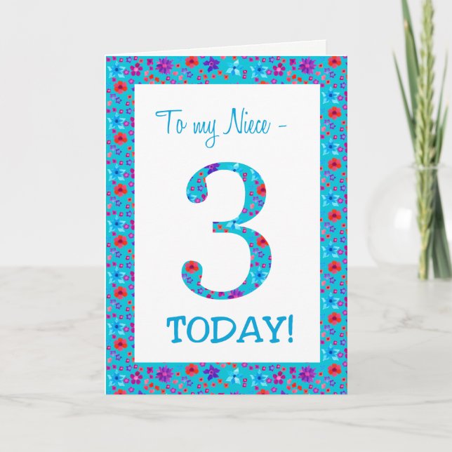 Tarjeta Floral de bonito, tercer cumpleaños para Niece Blu (Anverso)