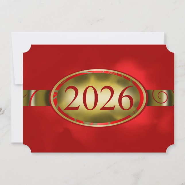 Tarjeta floral de botón rojo y dorado 2026 (Anverso)