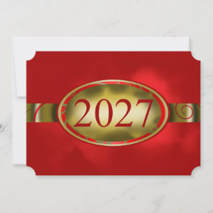Tarjeta floral de botón rojo y dorado 2027