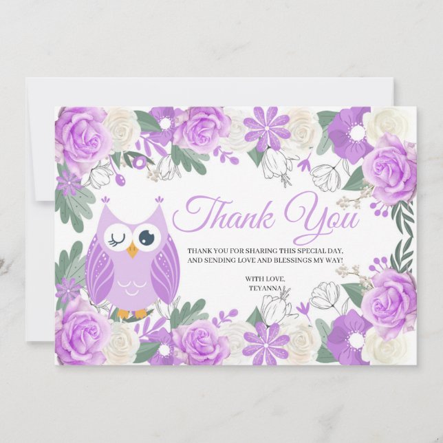 Tarjeta Floral de búho morado de agradecimiento (Anverso)