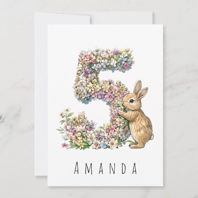 Tarjeta floral de cinco y conejito para el quinto  (Anverso)