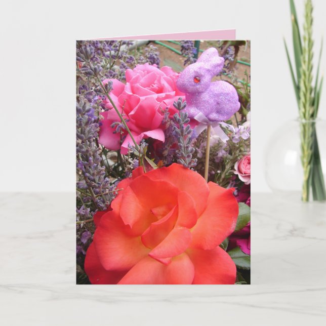 Tarjeta floral de conejo rosa rojo de jardín de ca (Anverso)