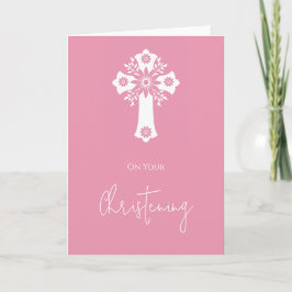 Tarjeta floral de cruz rosa para bautizo