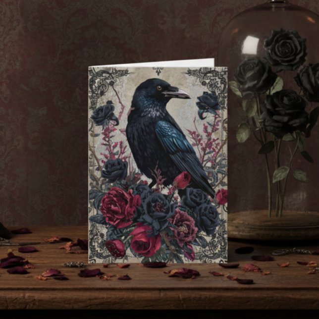 Tarjeta floral de cuervo negro gótico (Black gothic raven with roses blank note card)