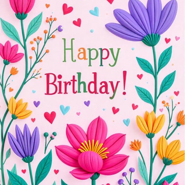Tarjeta floral de cumpleaños (The text 'Happy Birthday' is prominently displayed  in a cheerful font!)