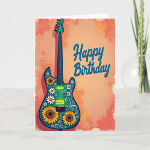 Tarjeta floral de cumpleaños con guitarra alegre