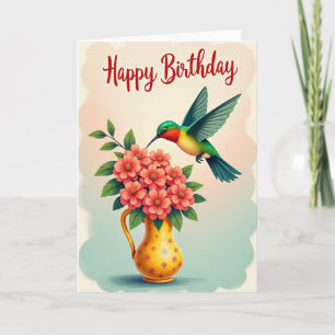 Tarjeta floral de cumpleaños de pájaro volador