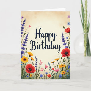 Tarjeta floral de cumpleaños en pradera