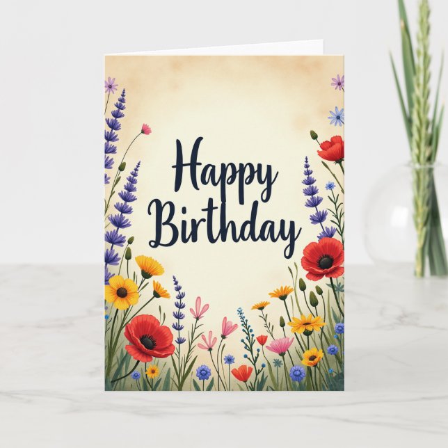 Tarjeta floral de cumpleaños en pradera (Anverso)