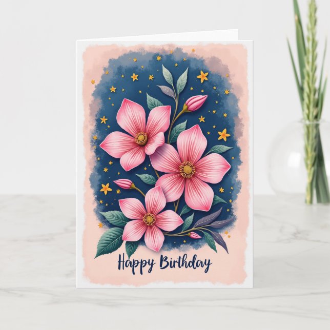 Tarjeta Floral de Cumpleaños Estrellada (Anverso)