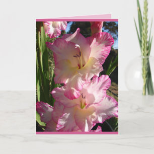 Tarjeta floral de flores de gladiolos rosados de j