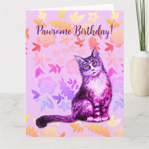 Tarjeta floral de gato gris de pelo largo