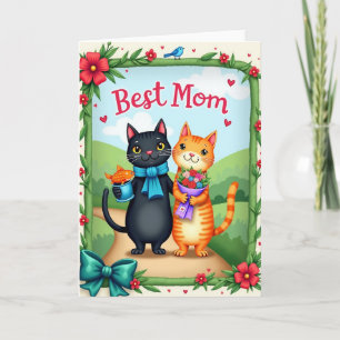 Tarjeta floral de gato mejor mamá