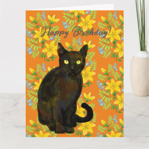tarjeta floral de gato negro