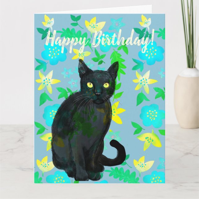tarjeta floral de gato negro (Anverso)