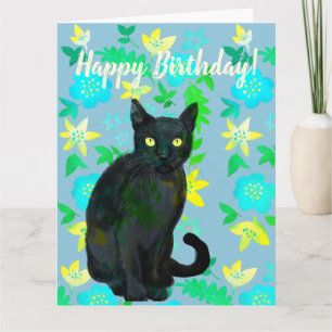 tarjeta floral de gato negro
