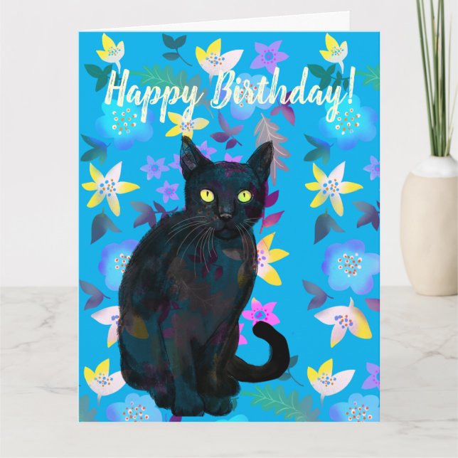tarjeta floral de gato negro (Anverso)