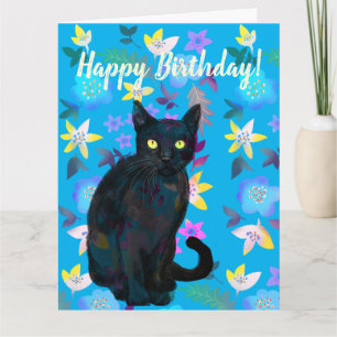 tarjeta floral de gato negro