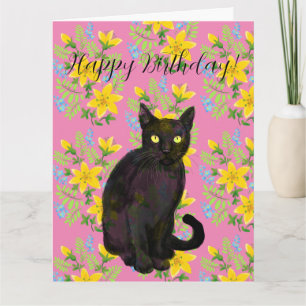 Tarjeta floral de gato negro