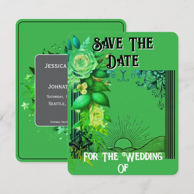 Tarjeta floral de guardar la fecha Amanecer verde (Anverso / Reverso)