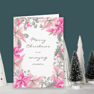 Tarjeta Floral de invierno de mamá Poinsettia rosa Navidad
