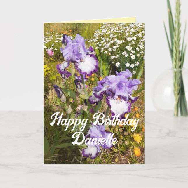 Tarjeta floral de iris morado y flores (Anverso)