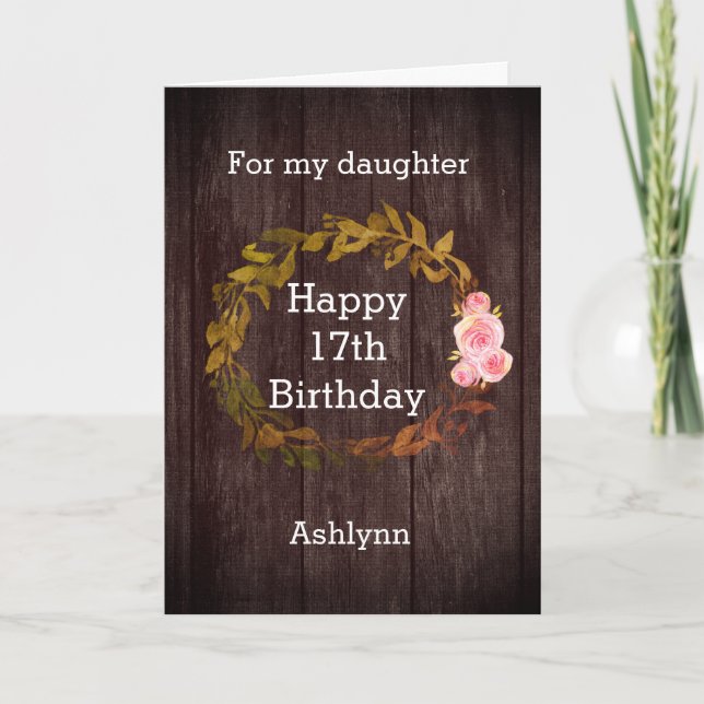 Tarjeta Floral de madera de Rústica y Acuarela 17 cumpleañ (Anverso)