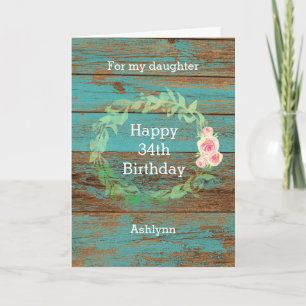 Tarjeta Floral de madera rústica y acuarela 34 cumpleaños