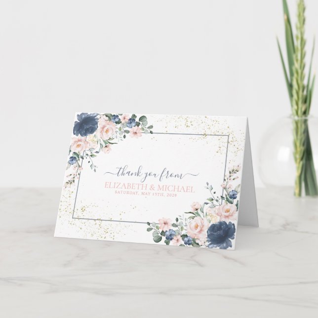 Tarjeta Floral de oro rosa Rubor azul turbio claro (Anverso)