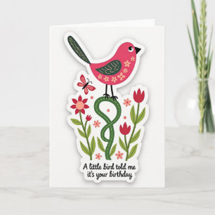 Tarjeta floral de pájaro rosa dulce