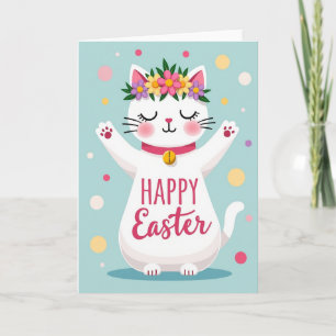 Tarjeta floral de Pascua del gato feliz