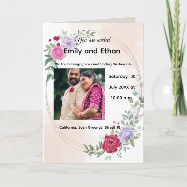 Tarjeta Floral Elegant Wedding Invitation with Couples. (Anverso)