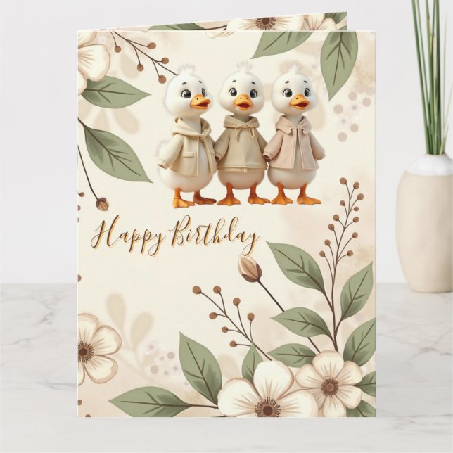 Tarjeta Floral Elegante Y Brillante Con Patos (Anverso)