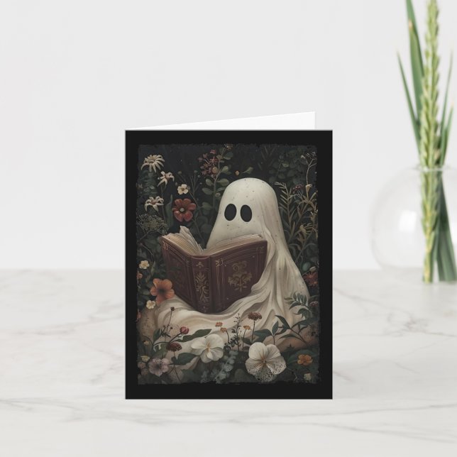 Tarjeta Floral Fantasma libro de lectura Halloween disstum (Anverso)