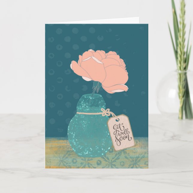 Tarjeta Floral “Get Well Soon” Card with Teal Vase  (Anverso)