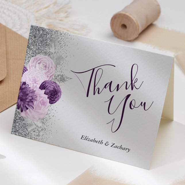 Tarjeta Floral Gris Morado Plateado Agradecimiento Boda (Subido por el creador)