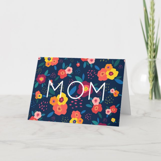Tarjeta Floral moderna de mamá en azul y coral (Anverso)