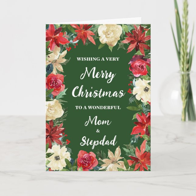 Tarjeta Floral Mom y Stepdad Feliz Navidad (Anverso)