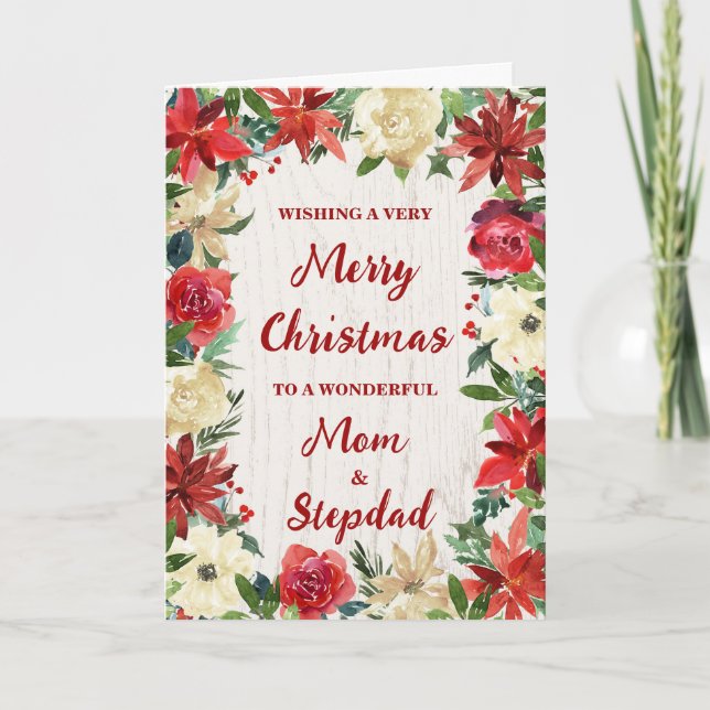 Tarjeta Floral Mom y Stepdad Feliz Navidad (Anverso)