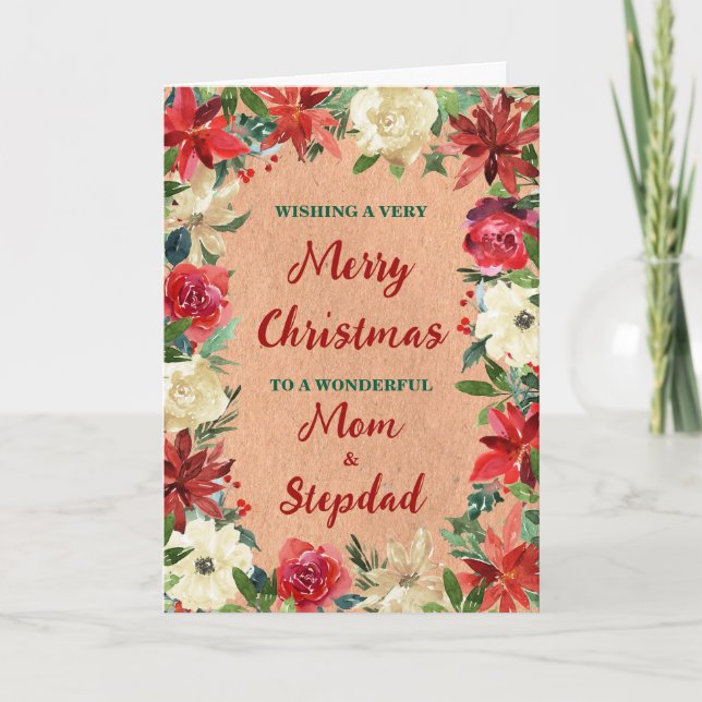 Tarjeta Floral Mom y Stepdad Feliz Navidad (Anverso)