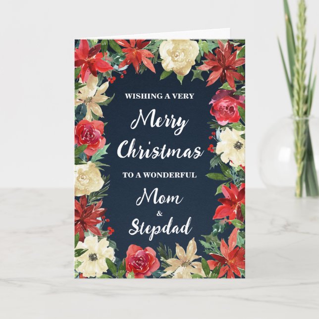 Tarjeta Floral Mom y Stepdad Feliz Navidad (Anverso)