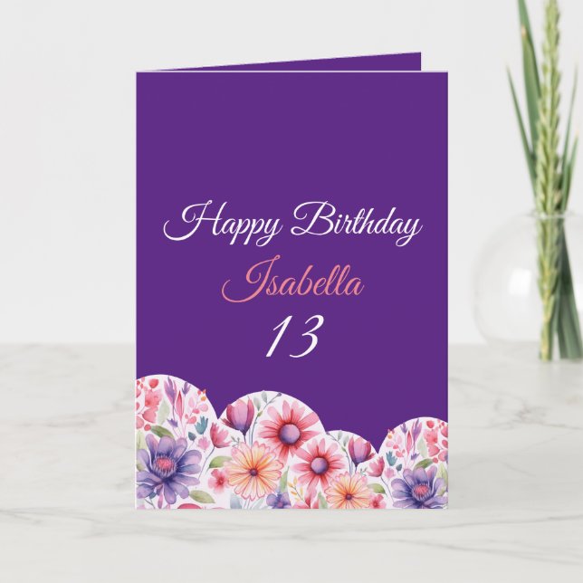 Tarjeta Floral Morado Acuarela Corazón 13 cumpleaños (Anverso)