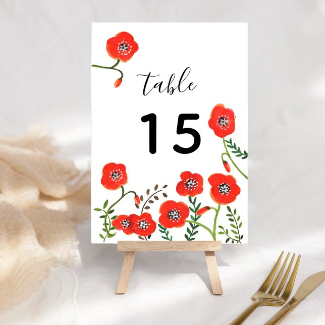 Tarjeta floral número de mesa boda amapolas rojas (Red poppies modern floral wedding table number)