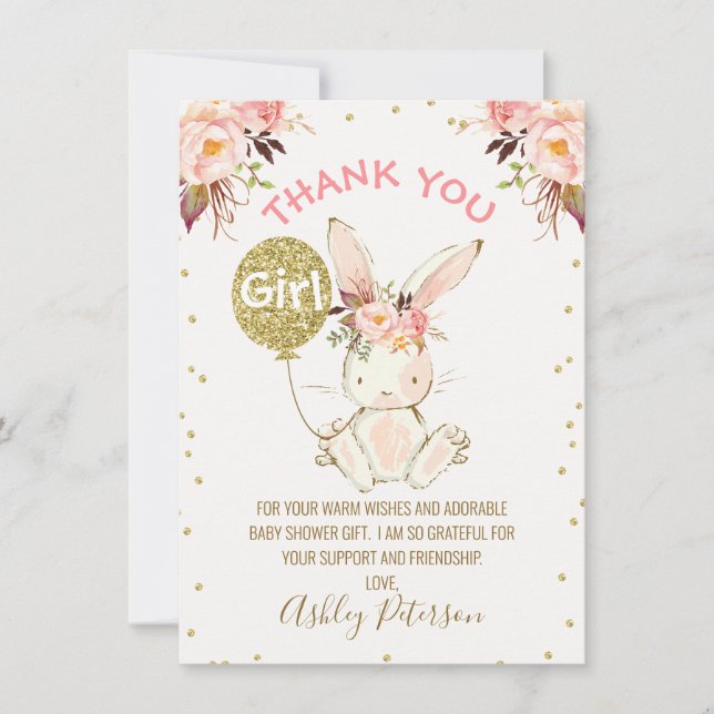 Tarjeta Floral Pink Gold Bunny Baby Shower (Anverso)