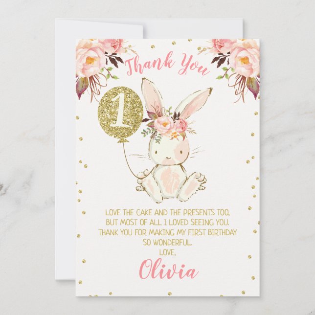Tarjeta Floral Pink Gold Bunny Primer cumpleaños (Anverso)