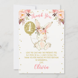 Tarjeta Floral Pink Gold Bunny Primer cumpleaños