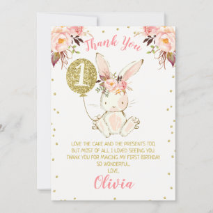 Tarjeta Floral Pink Gold Bunny Primer cumpleaños