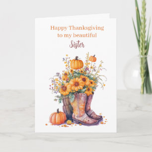 Tarjeta Floral Pumpkins Cowboy Boots Festín de Acción de G