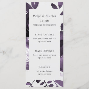 Tarjeta floral púrpura y gris del menú de la boda